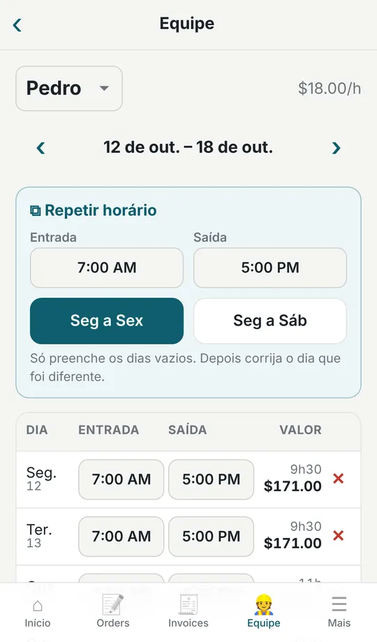 Horas da equipe sem dor de cabeça